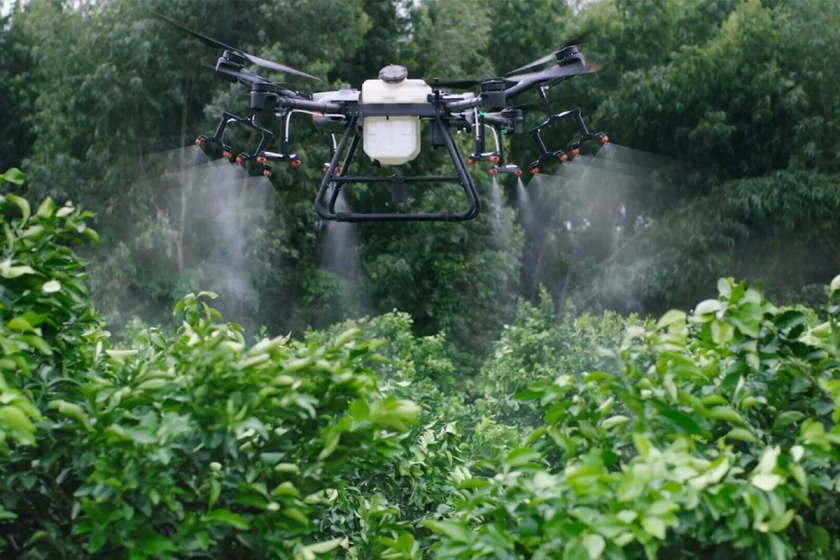 Il DJI T30 durante l'irrorazione di una coltura arborea